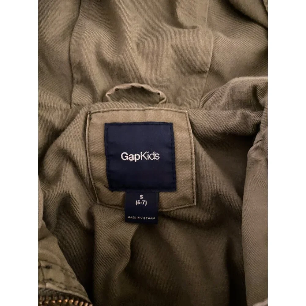 GAP Kids Hooded Military Utility Jacket Small (6-7) Olive Full Zip 100% Cotton‎